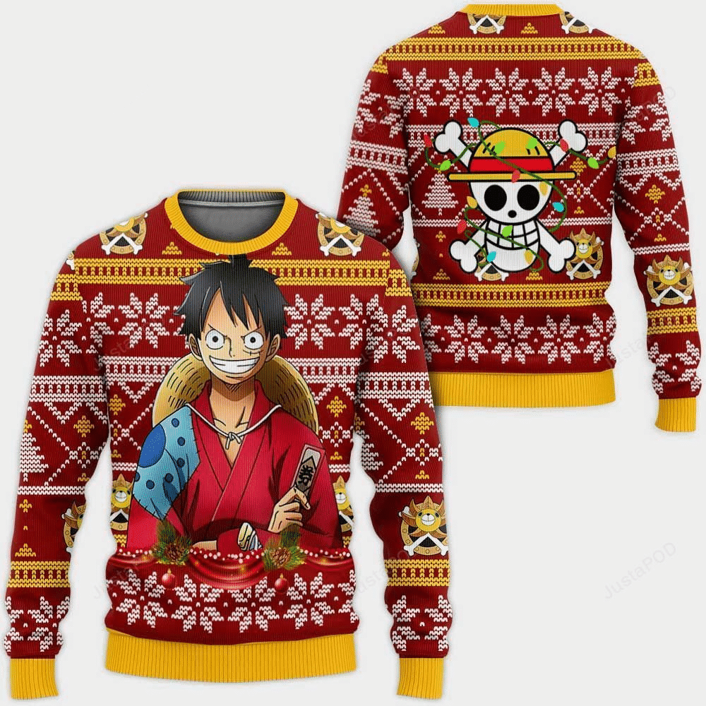 One Piece Anime Monkey D. Luffy 38 Ugly Sweater Gifts, One Piece Anime Gift Fan Ugly Sweater