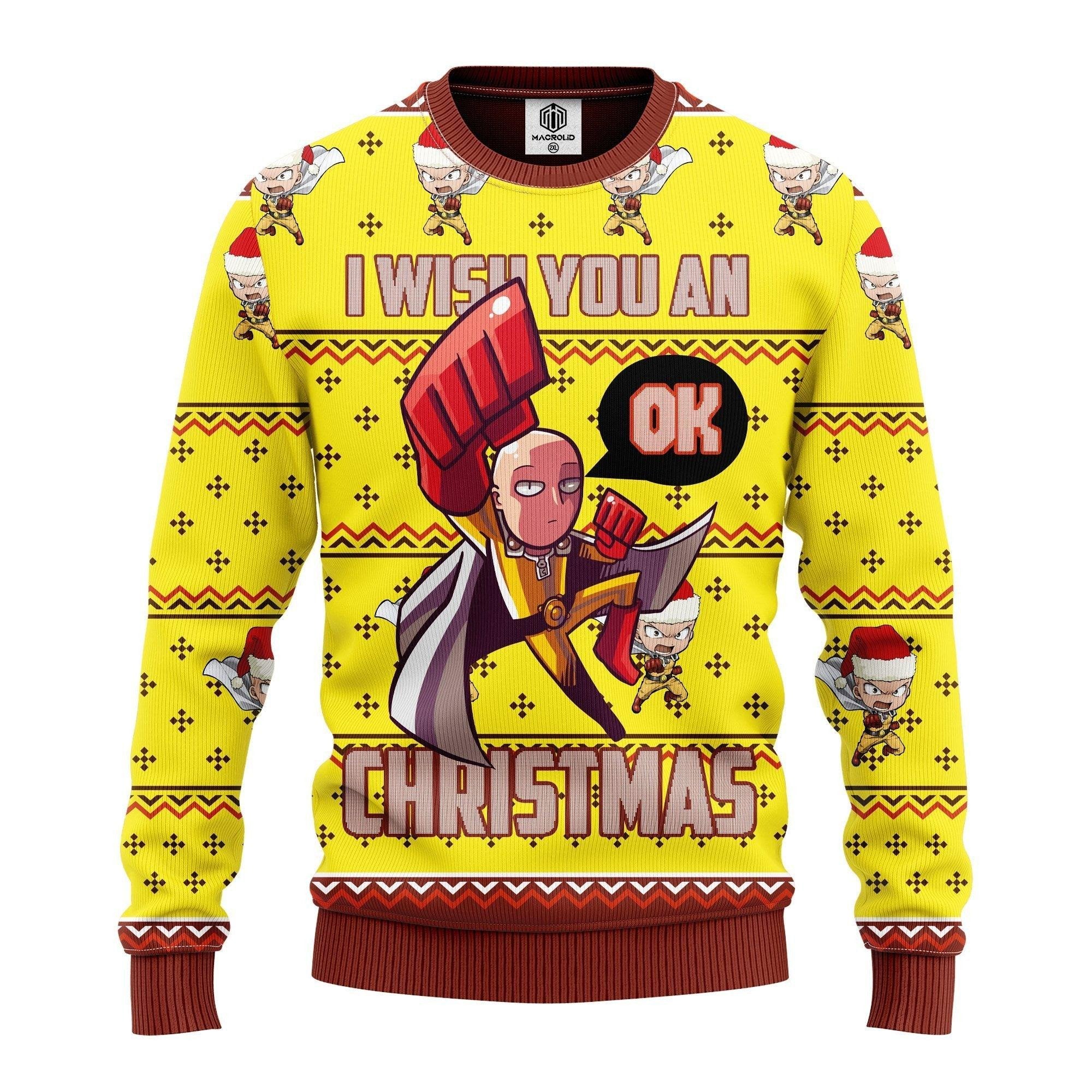 One Punch Man Merry Xmas Gifts, I Wish You An Ok Christmas Ugly Christmas Sweater