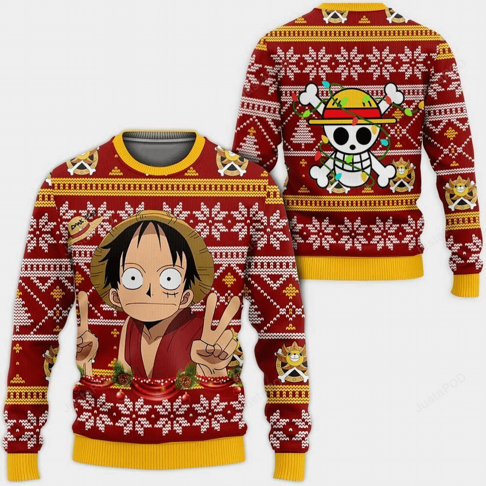One Piece Anime Monkey D. Luffy 35 Ugly Sweater Gifts, One Piece Anime Gift Fan Ugly Sweater