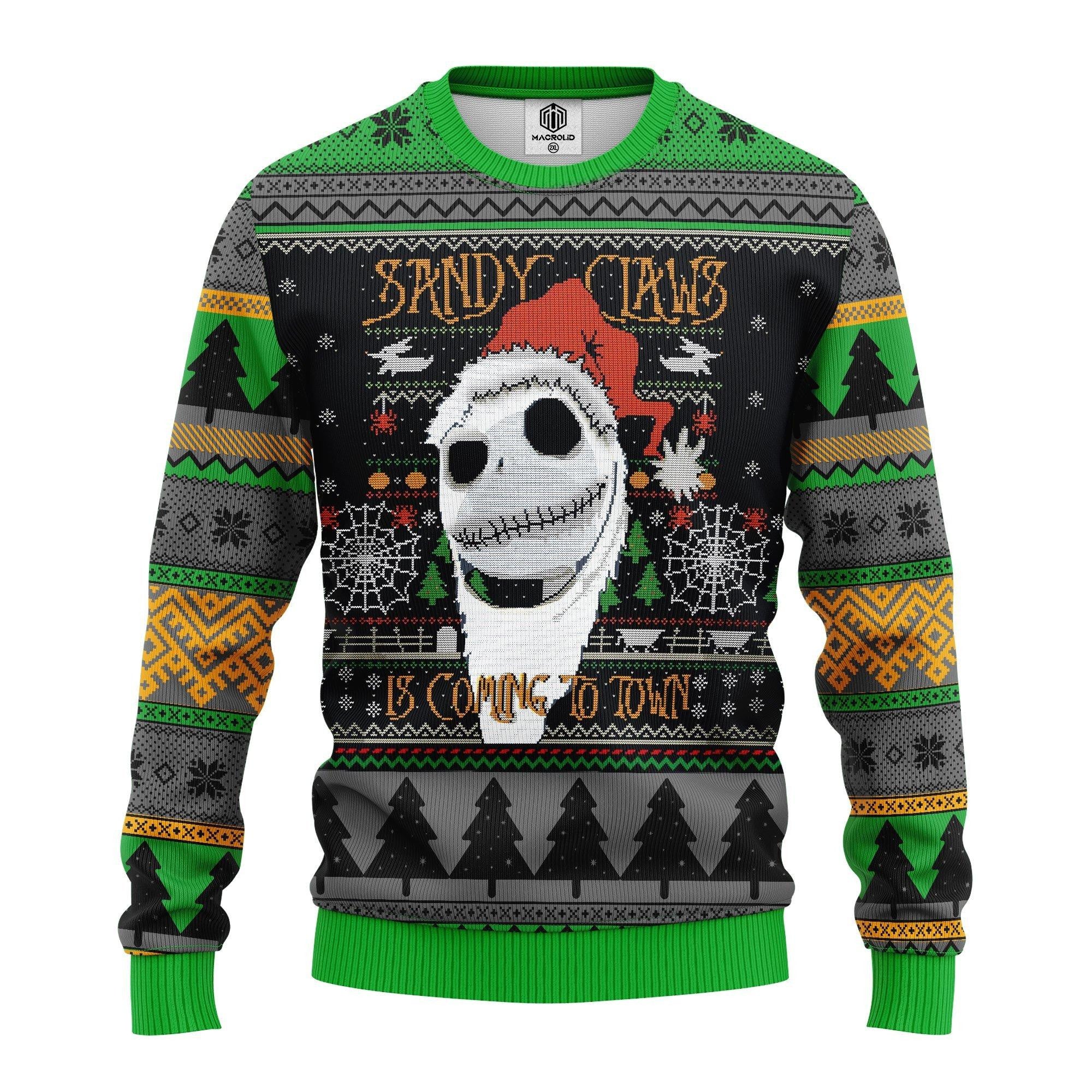 Jack Skellington Nightmare Before Christmas Sandy Claws Is Coming To Town Ugly Christmas Sweater
