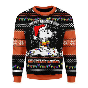 Snoopy On The Naughty List And I Regret Nothing Ugly Sweater, Snoopy Christmas Light Christmas Sweater, Snoopy Gift, Snoopy Shirt