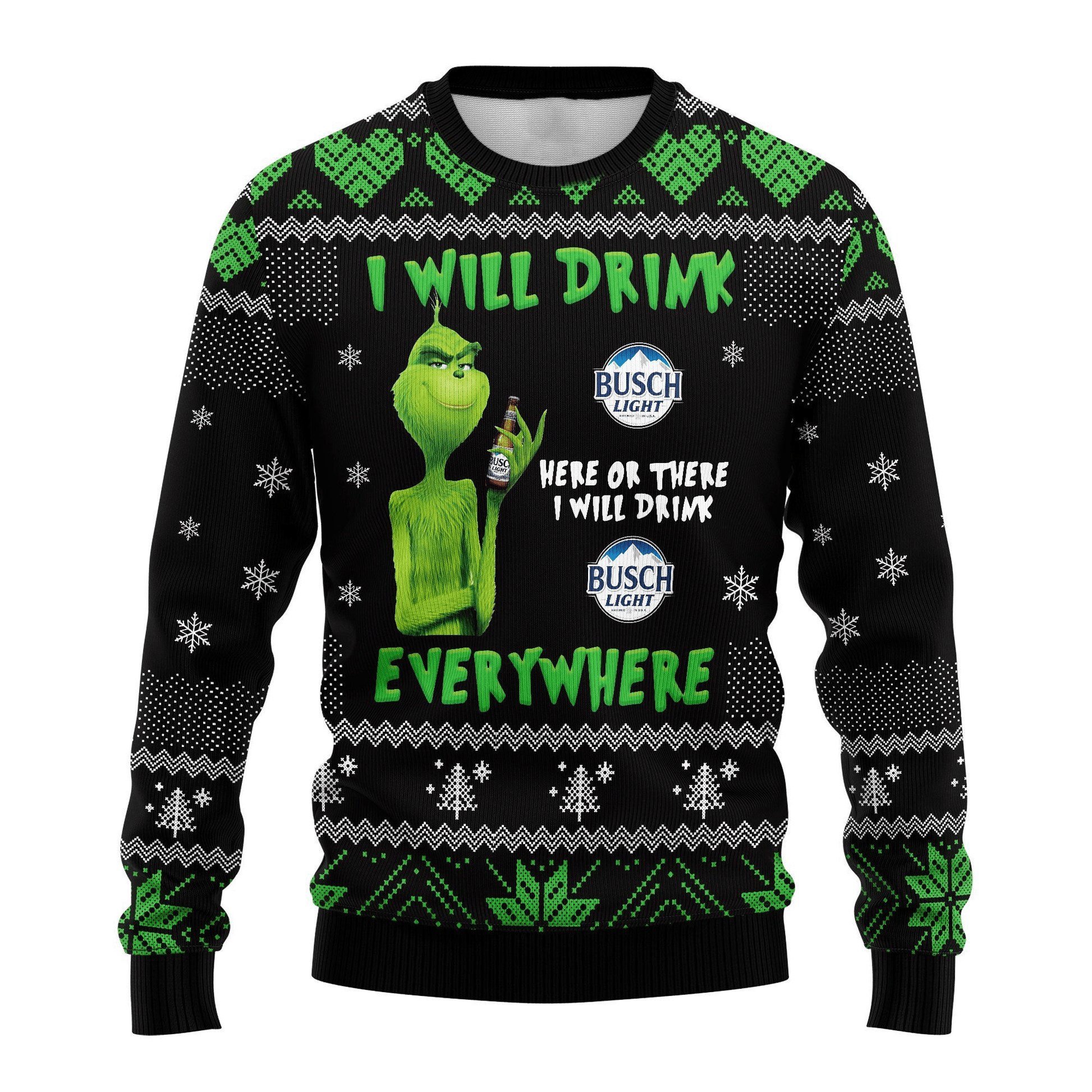 Busch Light Beer Grinch I Will Drink Everywhere Ugly Sweater Gifts, Busch Beer Gift Fan Ugly Sweater