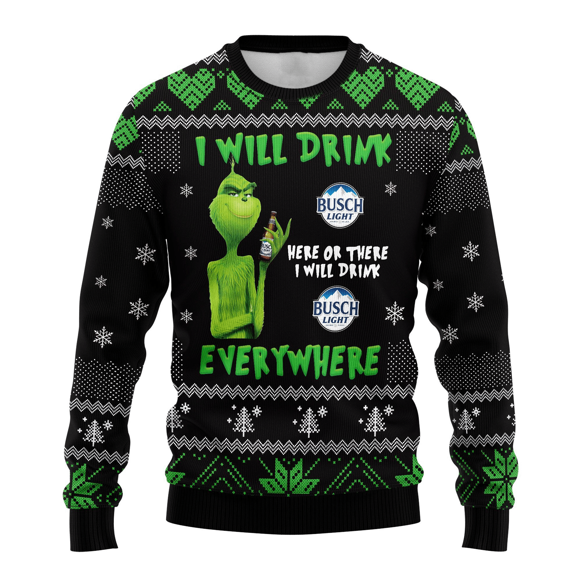 Busch Light Beer Grinch I Will Drink Everywhere Ugly Sweater Gifts, Busch Beer Gift Fan Ugly Sweater