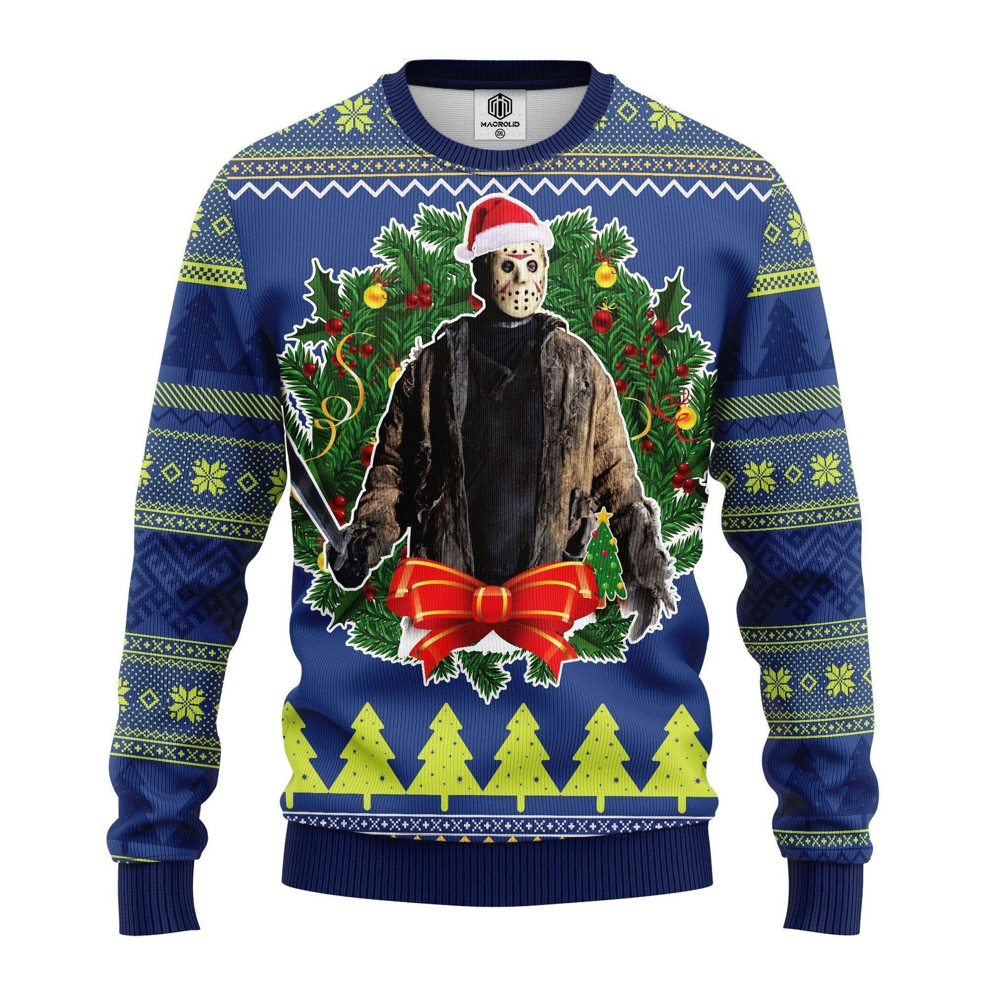 Merry Xmas Horror Movie Characters Jason Woorhees Ugly Christmas Sweater 259