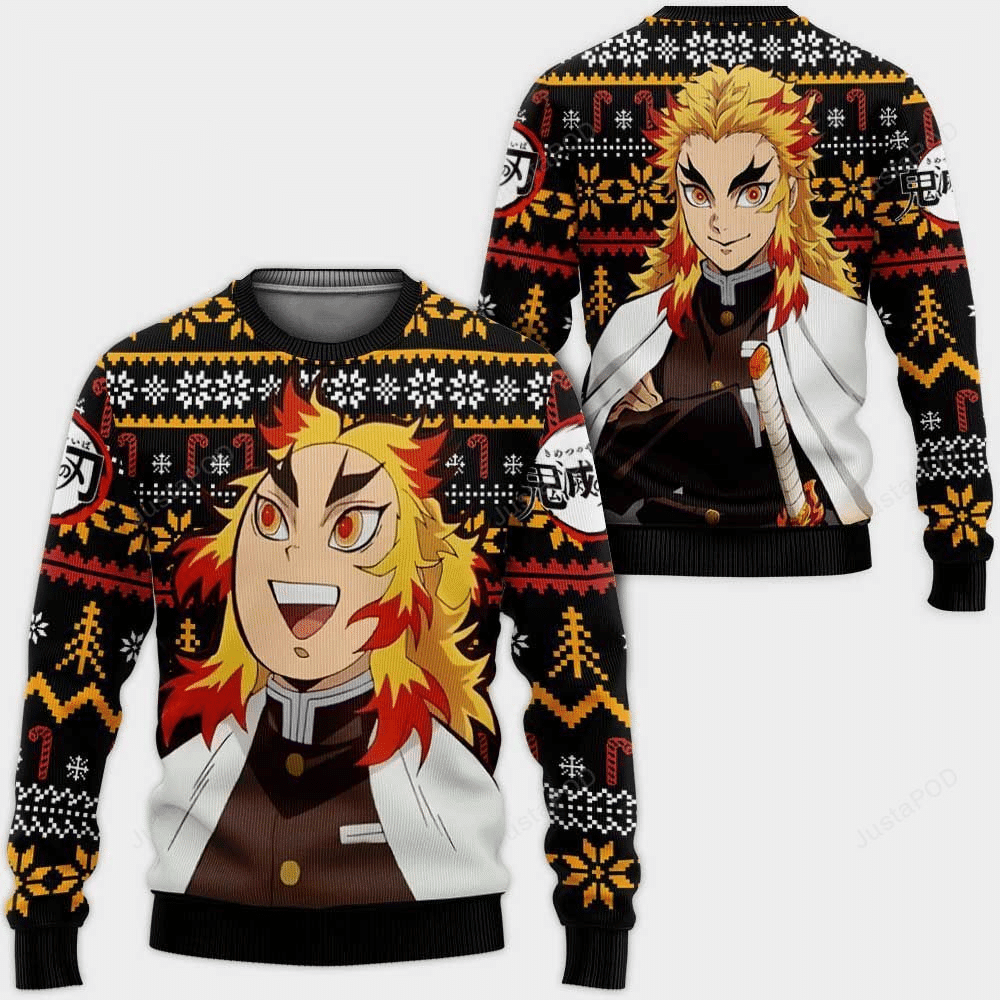 Demon Slayer Kimetsu No Yaiba Anime Rengoku Kyoujurou 34 Ugly Sweater Gifts, Demon Slayer Anime Gift Fan Ugly Sweater