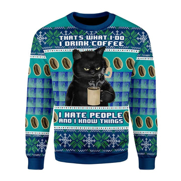 I Hate People Cat Ugly Sweater, Black Cat I Hate People Cat I Drink Coffee Christmas Sweater, Coffee Lover Gift, Coffee Lover Shirt
