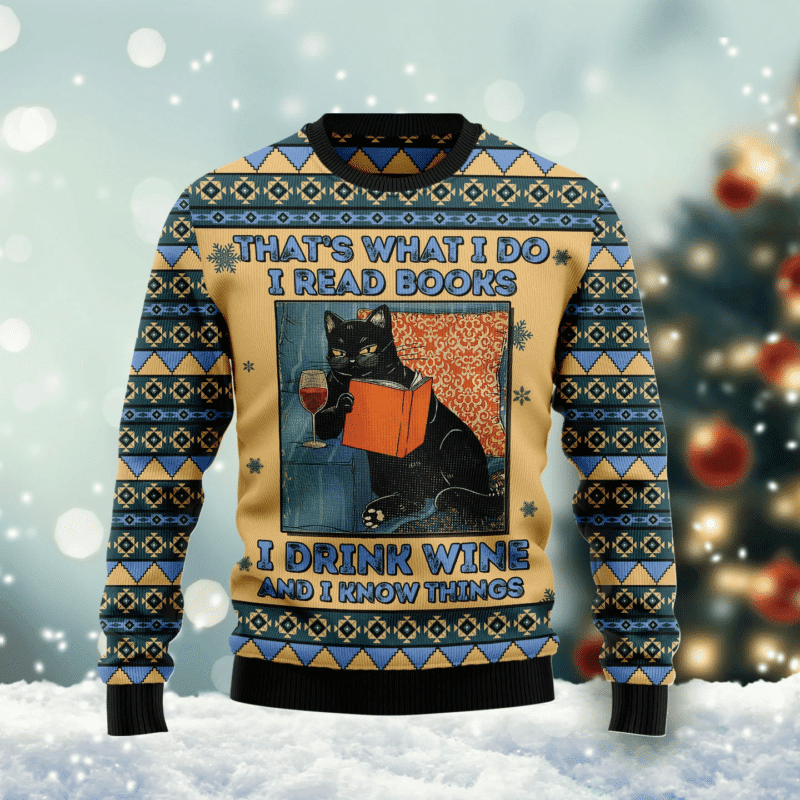 Black Cat Read Books Drink Wine Know Things, Cat Mom Cat Lover Christmas Ugly Christmas Sweater