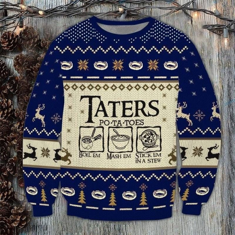Taters Potatoes Blue Ugly Christmas Sweater