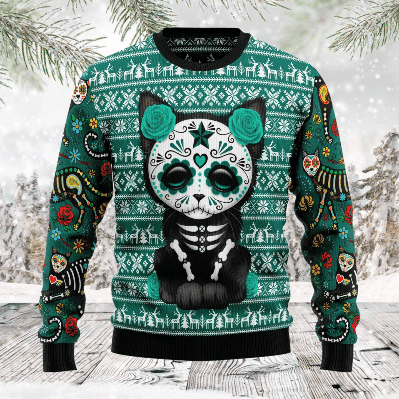 Cat Sugar Skull, Cat Mom Cat Lover Christmas Ugly Christmas Sweater