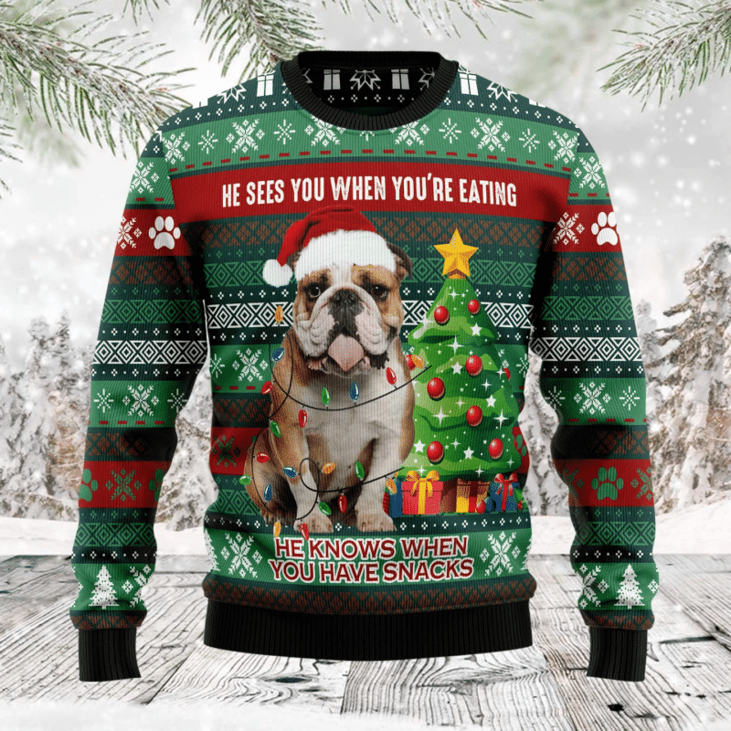 Bulldog Loves Snacks Ugly Christmas Sweater
