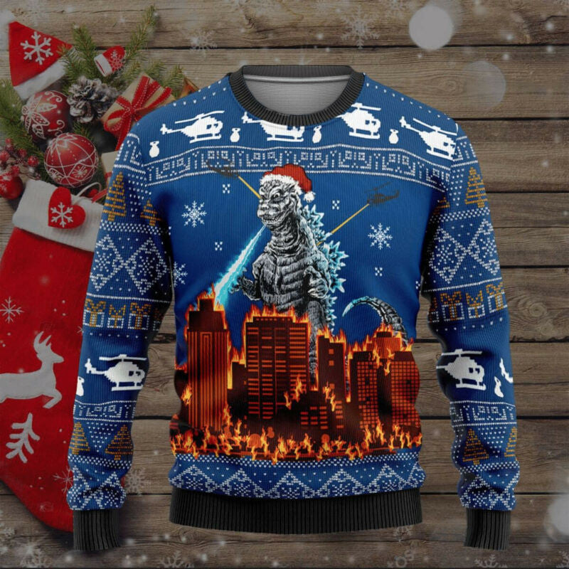 Scary Santa Godzilla Ugly Noel Christmas Day Xmas Sweater Unisex