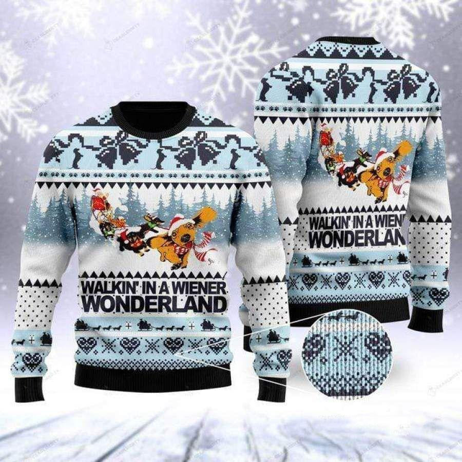 Dog Lover Walkin In A Wiener Wonderland For Dachshund Ugly Sweater, Dog Lover Walkin In A Wiener Wonderland For Dachshund Christmas Shirt