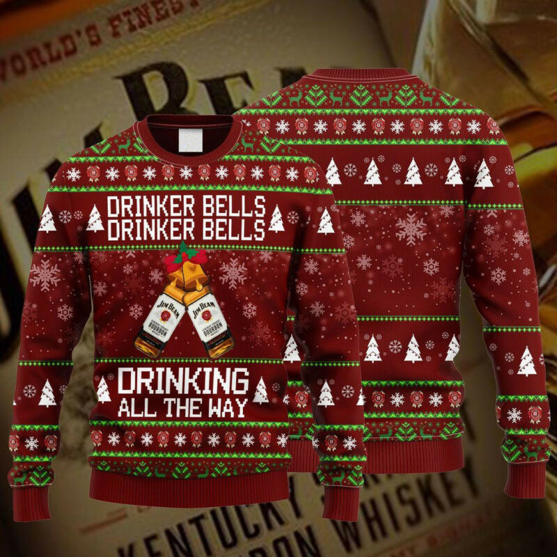Jim Beam Drinker Bells Drinker Bells Drinking All The Way Ugly Christmas Sweater