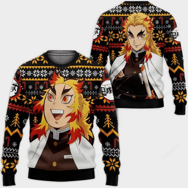 Demon Slayer Kimetsu No Yaiba Anime Rengoku Kyoujurou 34 Ugly Sweater Gifts, Demon Slayer Anime Gift Fan Ugly Sweater 168