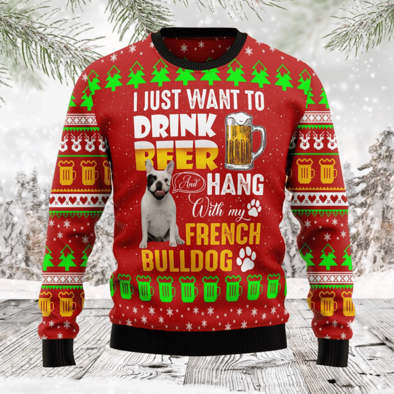 Hang With French Bulldog, Christmas Dog Mom Gift Dog Lover Ugly Christmas Sweater