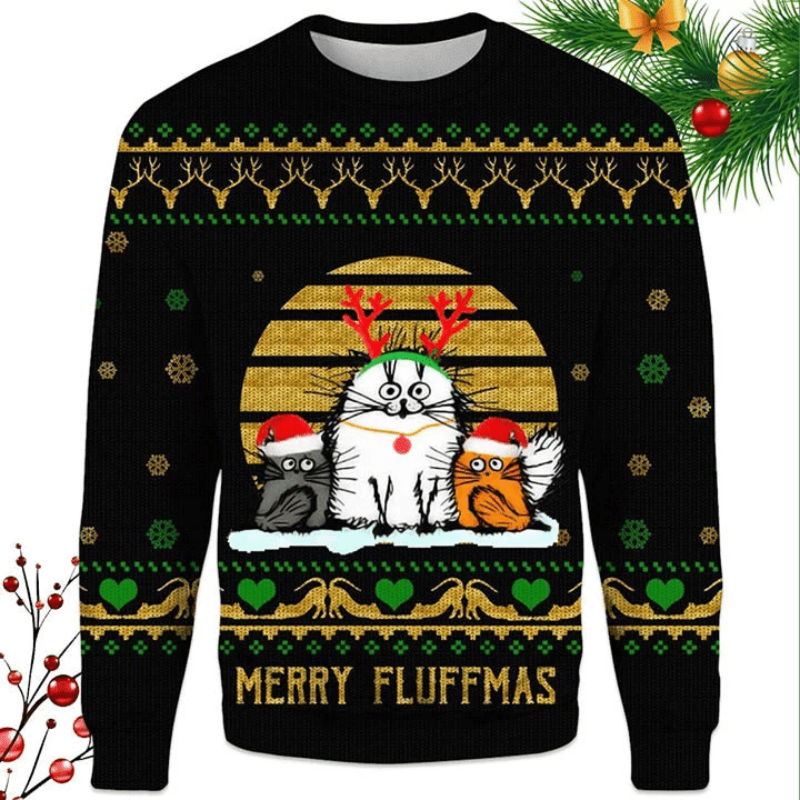 Funny Cute Cat Merry Fluffmas Ugly Christmas Sweater