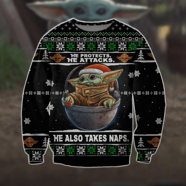Baby Yoda He Protects He Attacks Ugly Sweater Gifts, Baby Yoda Gift Fan Ugly Sweater 82