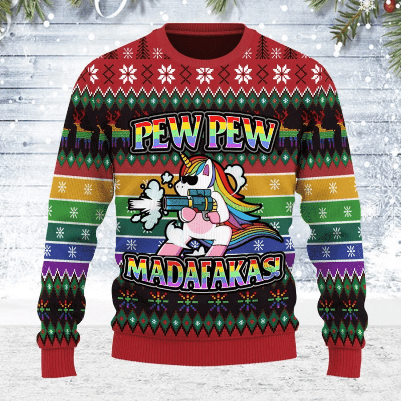 Pew Pew Rainbow Unicorn Christmas Ugly Christmas Sweater