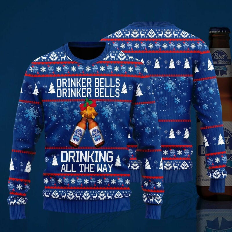 Pabst Blue Ribbon Drinker Bells Drinker Bells Drinking All The Way Ugly Christmas Sweater