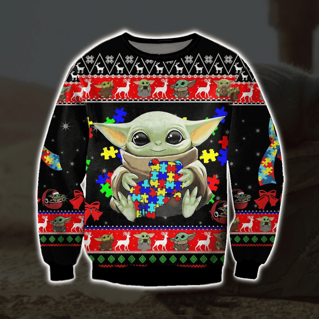 Baby Yoda With Puzzles Autism Ugly Sweater Gifts, Baby Yoda Gift Fan Ugly Sweater