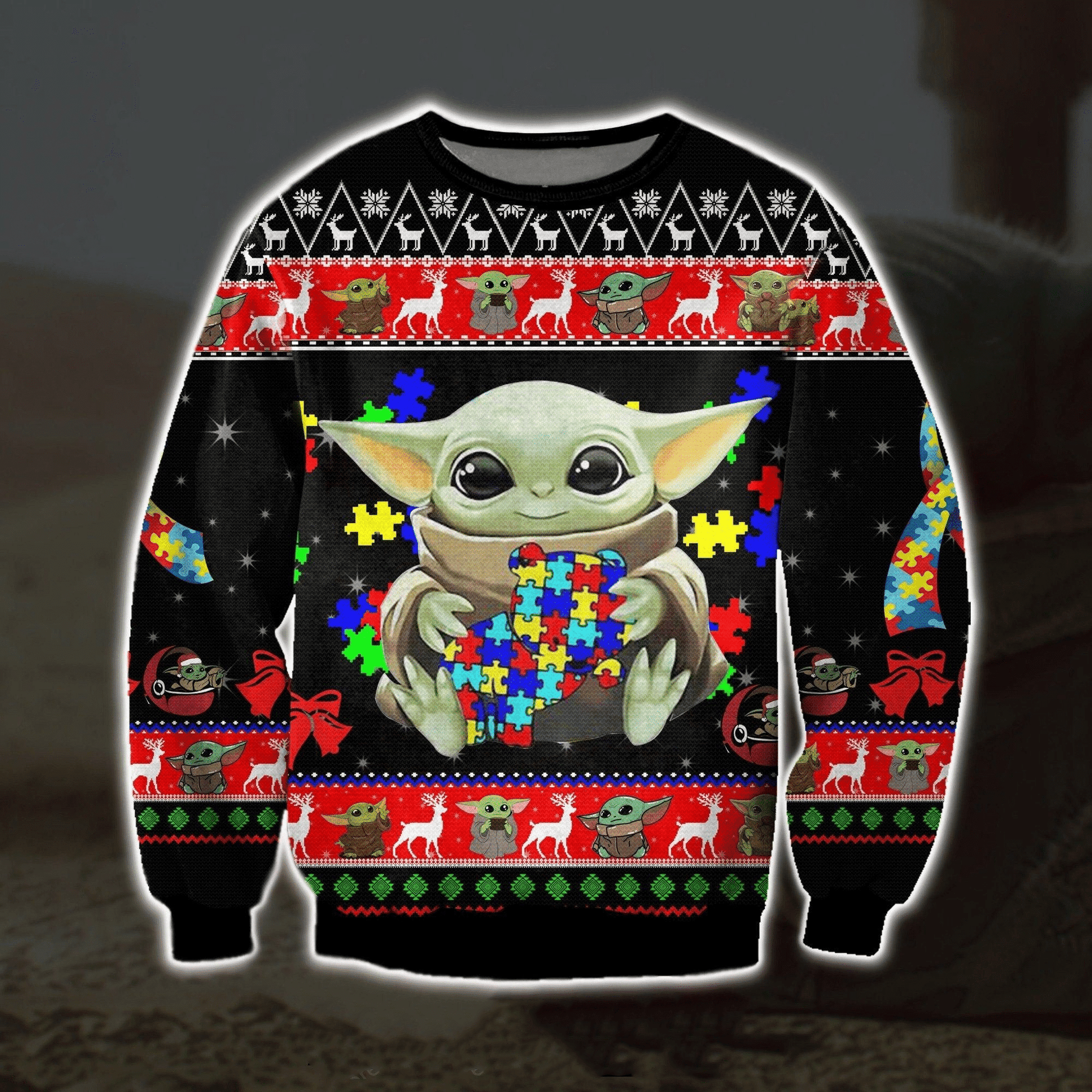Baby Yoda With Puzzles Autism Ugly Sweater Gifts, Baby Yoda Gift Fan Ugly Sweater