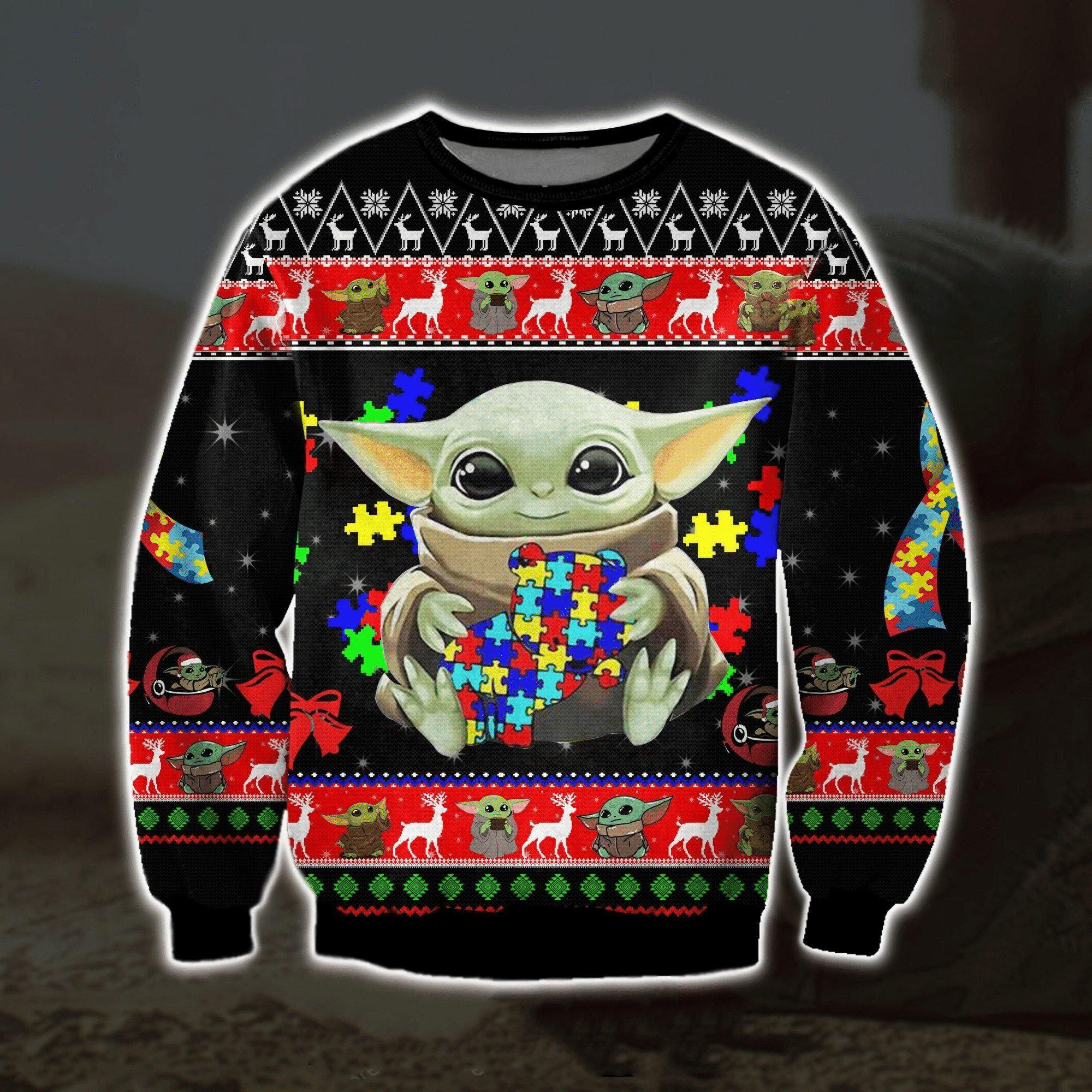 Baby Yoda With Puzzles Autism Ugly Sweater Gifts, Baby Yoda Gift Fan Ugly Sweater