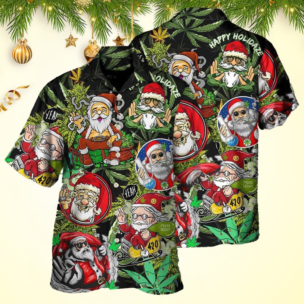 Christmas Weed Smoking Santa Hippie Hawaiian Shirt Christmas Hawaiian Shirt Mens