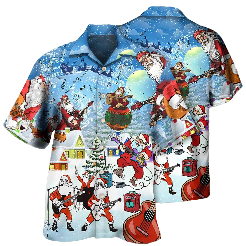 Christmas Santa Loves Music And Guitar 3D Hawaiian Shirt Christmas Hawaiian Shirt Mens
