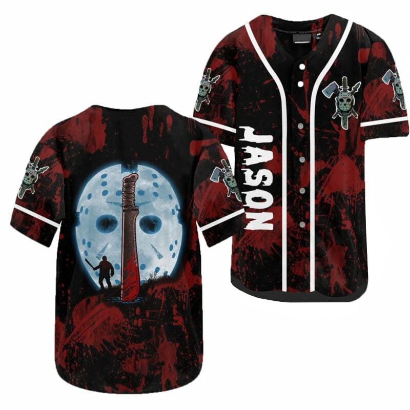 Men’s Jason Mask &amp; Machete Horror Baseball Jersey – Perfect Halloween Fan Shirt