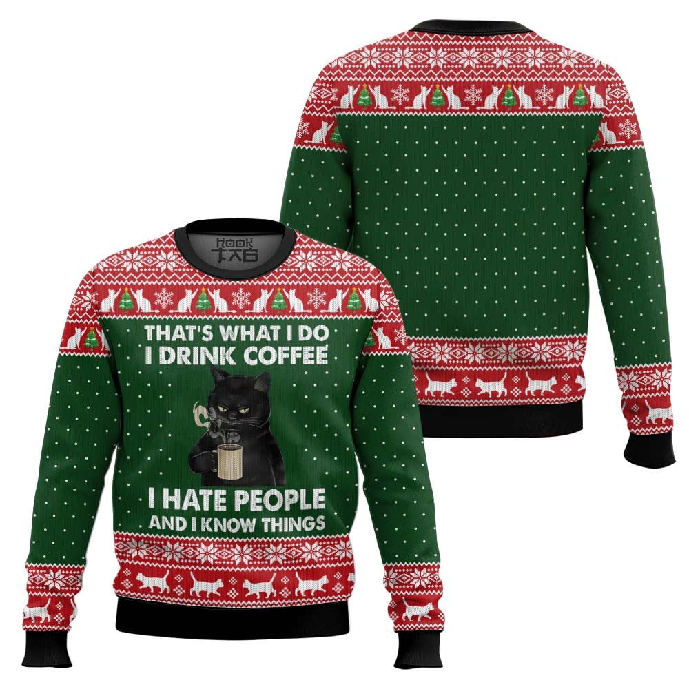 Black Cat Drink Coffee Ugly Christmas Sweater, Xmas Gifts