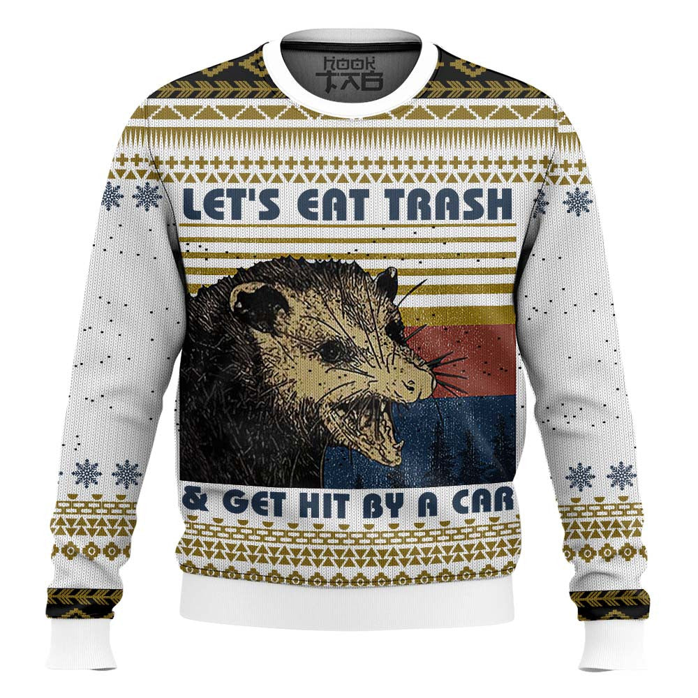 Let’s Eat Trash & Get Hit By A Car Opossum Ugly Christmas Sweater