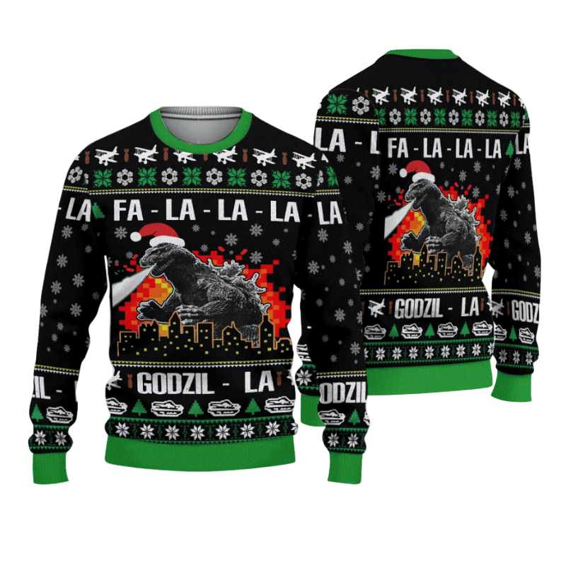 Falalala Godzil-la Christmas Knitted Ugly Christmas Sweater V2