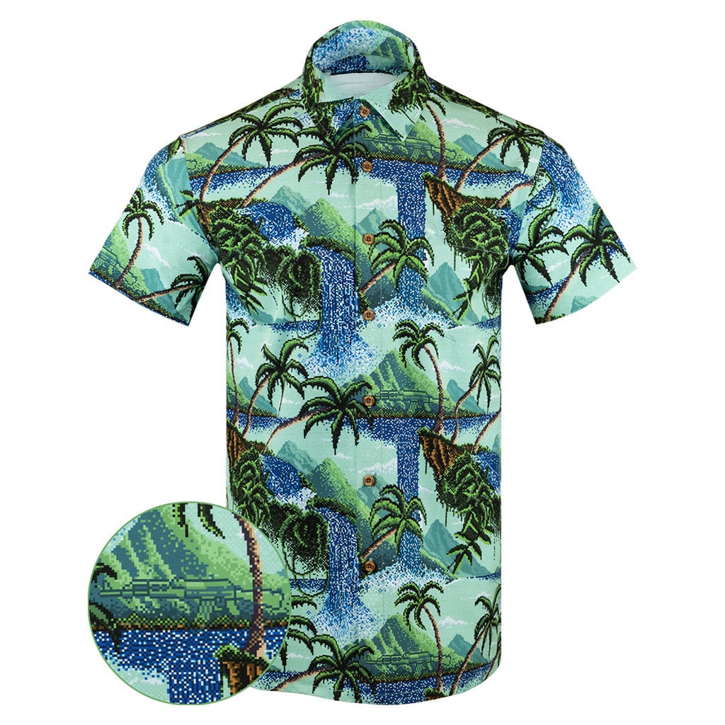 Pixel Paradise Button Down Shirt Tactical Aloha Shirt Birthday Ideas For Husband -WearandDecor
