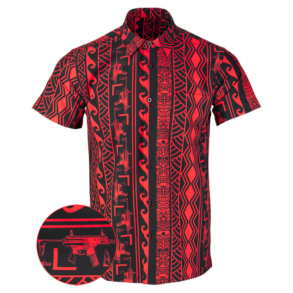 Tiki Black Red Button Down Shirt Tactical Hawaiian Shirt Good Gifts For Father -WearandDecor