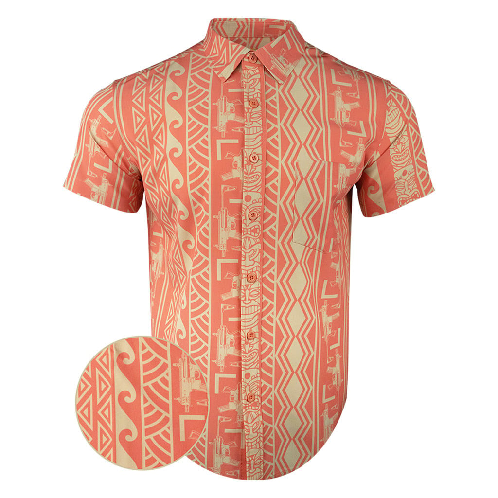 Tiki Orange Button Down Shirt Tactical Hawaiian Shirt Gifts For Gun Lovers -WearandDecor