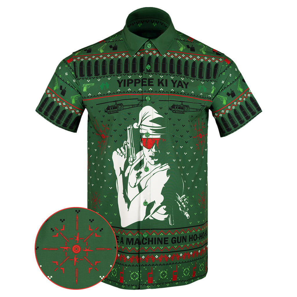 Yippee-Ki-Yay Green Button Down Shirt A Machine Gun Ho Ho Ho Hawaiian Shirt Dad Christmas Gifts -WearandDecor