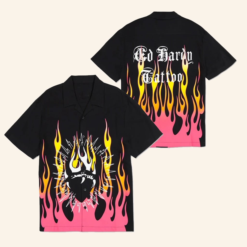 Ed Hardy Merch Fire Heart Hawaiian Shirt Ed Hardy Shirt Gifts For Husband - WearandDecor