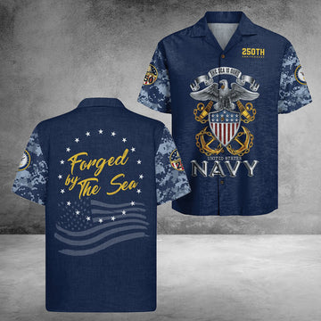 US Navy 250Th Years Of Service Hawaiian Shirt Forged By The Sea Best Gifts For Husband