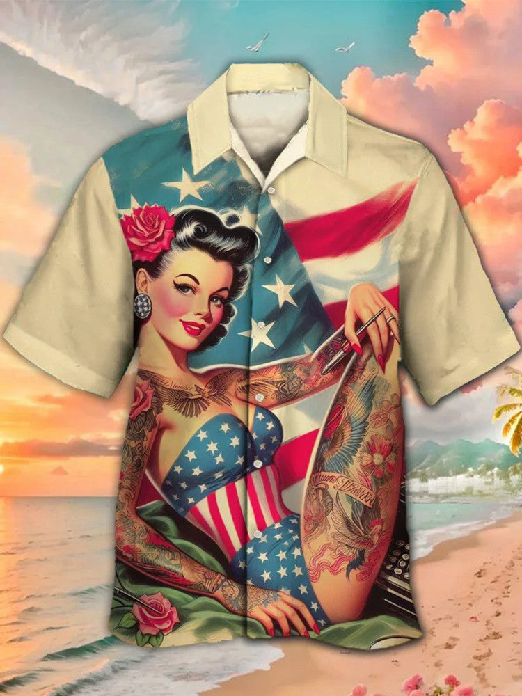 Vintage Pin Up Art Flag And Tattooed Girl Hawaiian Shirt Fourth of July Gift for Husband