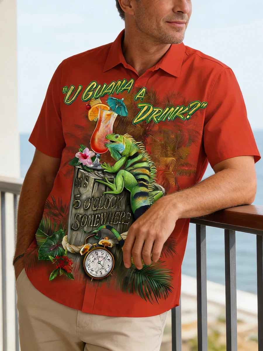Iguana Cocktail Tropical Hawaiian Shirt Summer Vacation Clothing Mens Gift