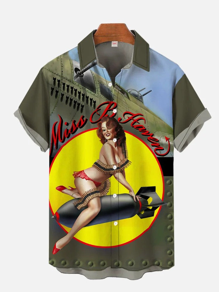 Vintage Pin Up Art Retro Fighter Hawaiian Shirt Men's Father's Day Clothing Gift