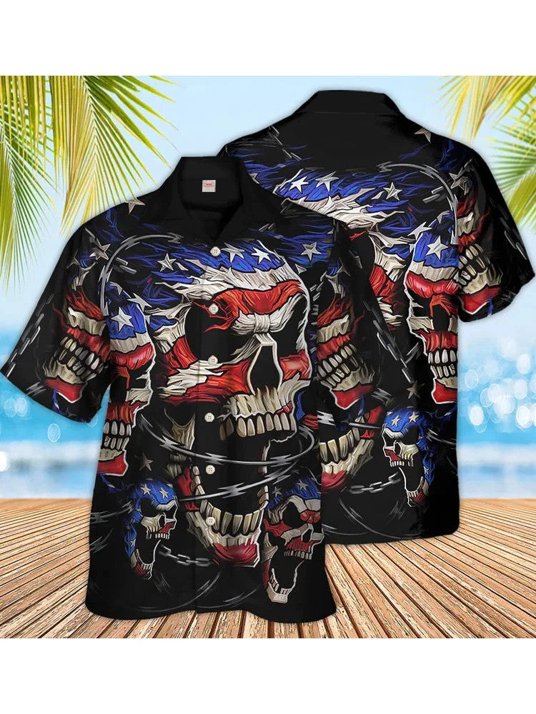 Flag Skull And Chains 4th of July Hawaiian Shirt Men's Patriotic Apparel