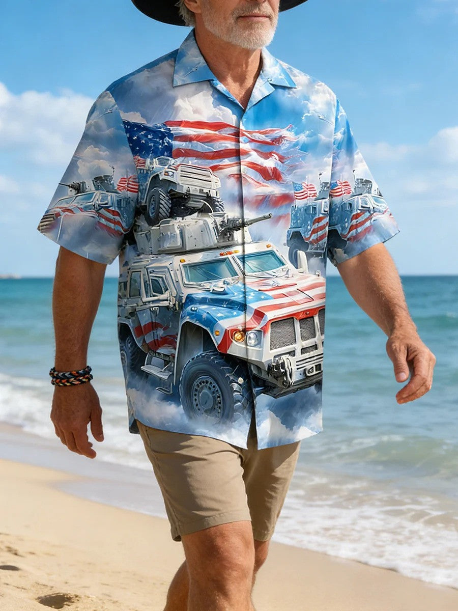 American Patriotic Military Tank Hawaiian Shirt Men's Veteran Apparel Dad Gift