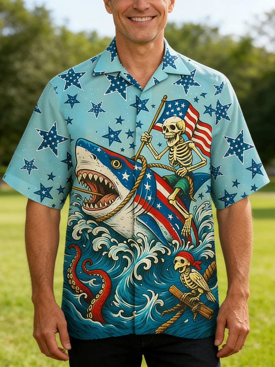 Patriotic Skeleton Pirate Riding Shark Hawaiian Shirt America Birthday Apparel Men's