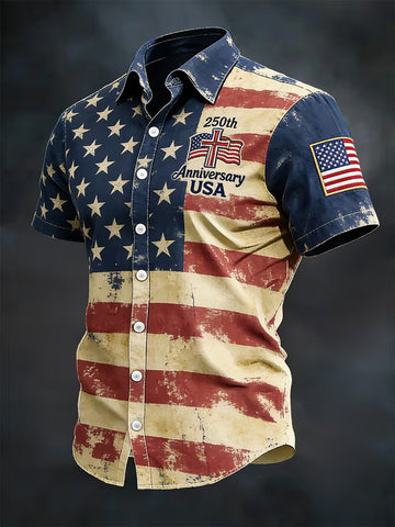 250th Anniversary 1776 2026 USA Faith Cross Button Shirt Patriotic Christian Gift For Friends