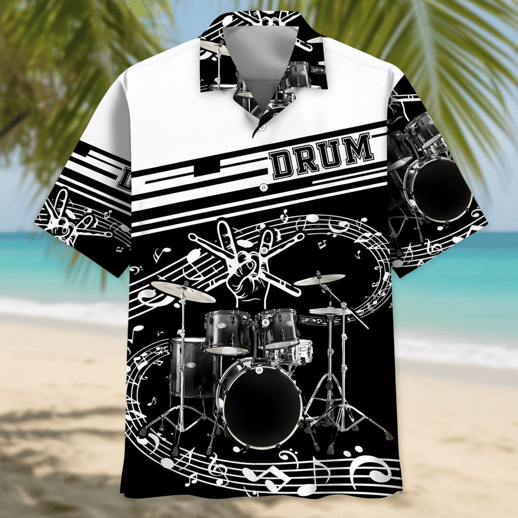 Drum Black & White Hawaiian Shirt Drummer Gifts For Music Lovers