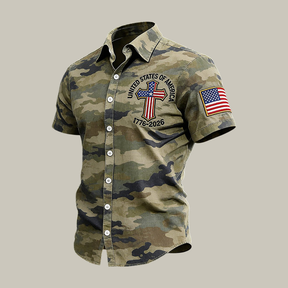 USA 250Th Anniversary Faith Camo Hawaiian Shirt America's Birthday Clothes