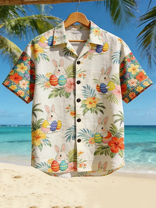 Easter Bunny Hawaiian Shirt Cute Rabbit Easter Egg Tropical Flowers Holiday Best Gift For Family