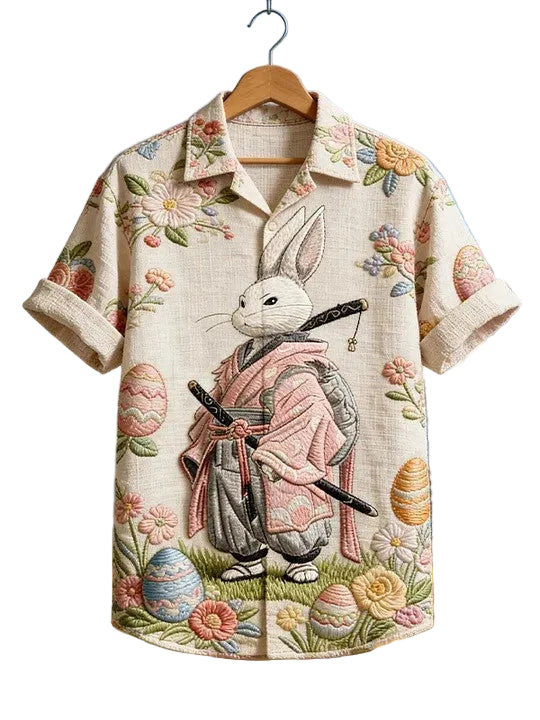 Easter Samurai Bunny Button Shirt Japanese Rabbit Floral Easter Egg Holiday Clothing Gift For Fans