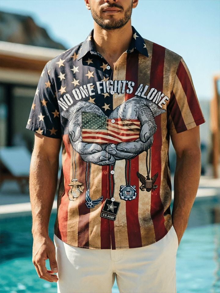 USA 250Th Anniversary Button Shirt No One Fights Alone Apparel Gifts For Your Husband